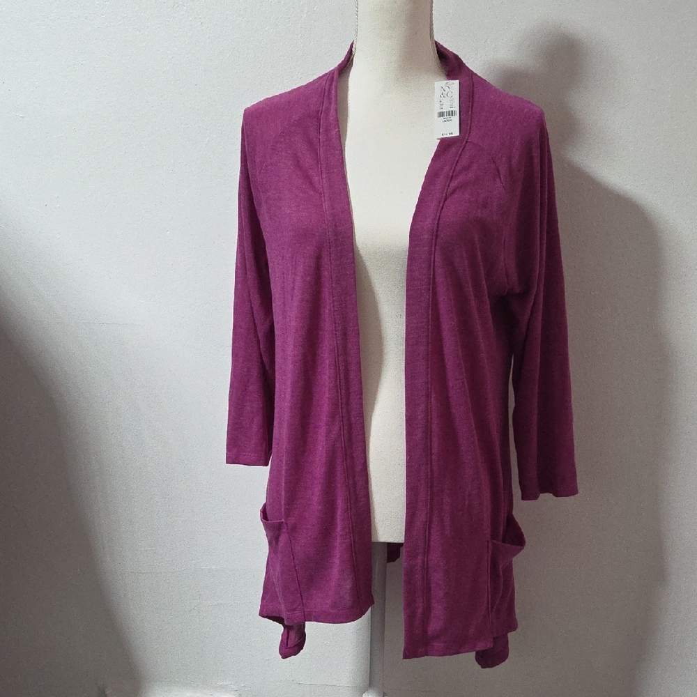 New York & Company Magenta Open-Front Cardigan